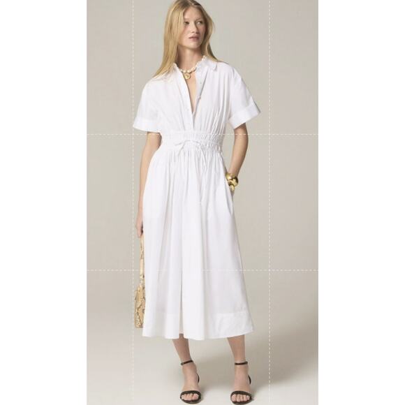 J.Crew Drama Shirt Dress WMNS 16 White Cotton Poplin Drawstring Waist BY832 SS - Picture 1 of 9